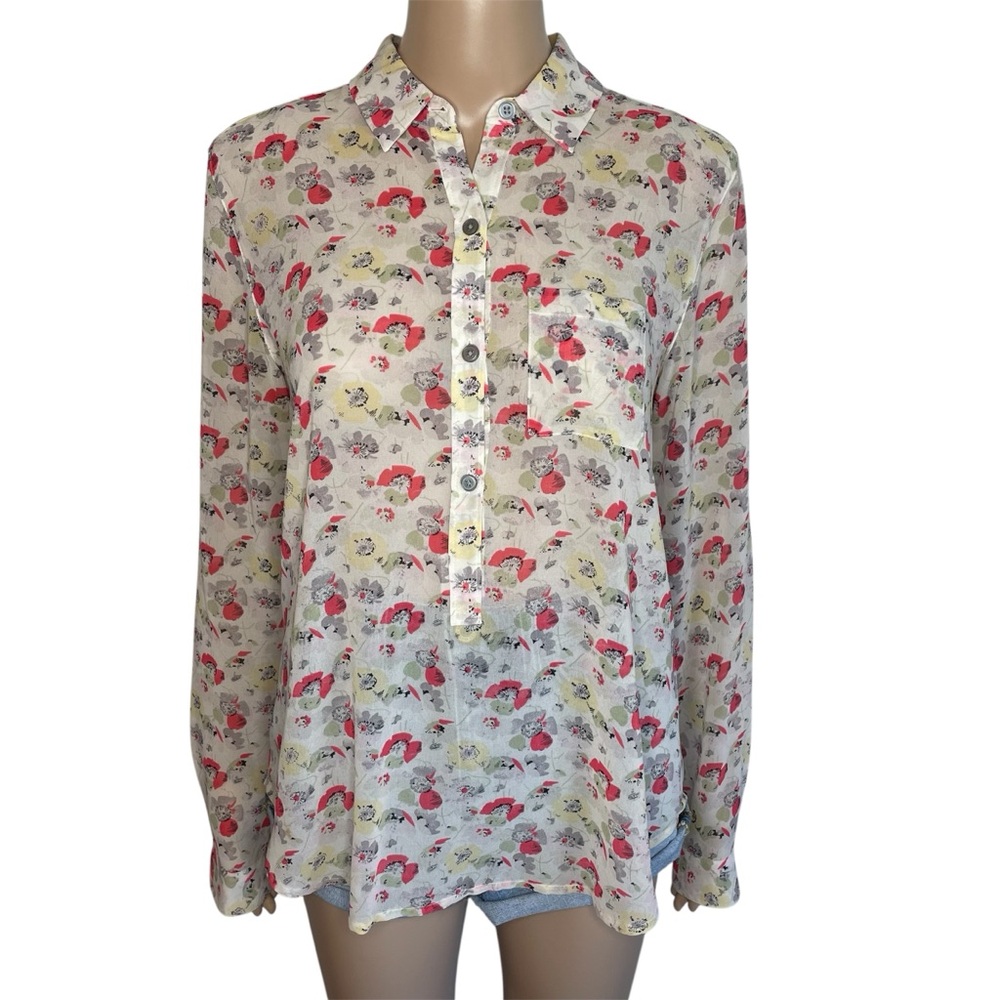 LOFT Floral Button-Front Long Sleeve Blouse in White, Pink, Yellow